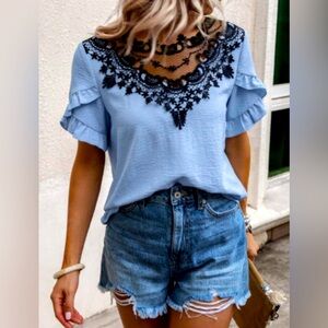 💠Guipure Lace Panel Ruffle Trim Petal Sleeve Blouse